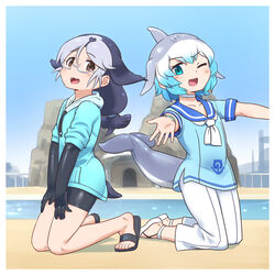  0x0082 2boys bike_shorts black_footwear black_gloves black_hair black_shorts blowhole blue_eyes blue_hair blue_neckerchief blue_shirt blue_sweater blush brown_eyes california_sea_lion_(kemono_friends) cetacean_tail choker common_bottlenose_dolphin_(kemono_friends) dorsal_fin drawstring elbow_gloves fish_tail flippers genderswap_(ftm) glasses gloves grey_hair highres hood hood_down kemono_friends kemono_friends_2 kneeling long_hair long_sleeves multicolored_hair multiple_boys neckerchief one_eye_closed outdoors pants rule_63 sailor_collar sailor_shirt sandals semi-rimless_eyewear shirt short_hair shorts sweater tail white_footwear white_hair white_neckerchief white_pants 