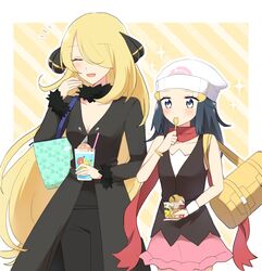  2girls bag beanie black_coat black_hair black_pants black_shirt blonde_hair blush border closed_eyes coat commentary_request cynthia_(pokemon) dawn_(pokemon) duffel_bag eating eyelashes fur-trimmed_coat fur_collar fur_trim grey_eyes hair_ornament hair_over_one_eye hairclip hand_up hat highres holding long_hair long_sleeves multiple_girls notice_lines ohn_pkmn open_mouth outline pants pink_skirt poke_ball_print pokemon pokemon_dppt red_scarf scarf shirt skirt sleeveless sleeveless_shirt smile sparkle v-neck very_long_hair white_border white_headwear yellow_bag 