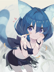  animal_ear_fluff animal_ears bandeau bare_arms bare_shoulders black_bandeau black_skirt blue_hair blush_stickers closed_mouth collarbone commentary_request female food hair_between_eyes hand_on_own_face hands_up heart holding leaning_forward midriff navel original pappii_(paprika_shikiso) paprika_shikiso pasta pleated_skirt purple_eyes see-through skirt smile solo strapless striped_tail tail wheat_field 