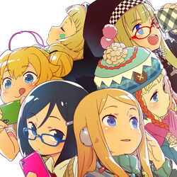  6+girls :q bespectacled black_hair blonde_hair blue-framed_eyewear blue_eyes blush cellphone closed_eyes coat commentary_request contemporary cropped double_bun fencer_(sekaiju) fencer_2_(sekaiju) fortress_(sekaiju) fortress_2_(sekaiju) glasses gloves gunner_(sekaiju) gunner_2_(sekaiju) hair_bun hat headphones highres himukai_yuuji holding holding_phone long_hair looking_at_viewer multiple_girls official_art one_eye_closed open_mouth paladin_(sekaiju) paladin_2_(sekaiju) parted_lips phone pom_pom_(clothes) princess_(sekaiju) princess_2_(sekaiju) profile red-framed_eyewear sekaiju_no_meikyuu sekaiju_no_meikyuu_1 sekaiju_no_meikyuu_2 sekaiju_no_meikyuu_3 sekaiju_no_meikyuu_4 sekaiju_no_meikyuu_5 short_hair simple_background smartphone smile swordsman_(sekaiju_4) swordsman_2_(sekaiju_4) tongue tongue_out upper_body white_background winter_clothes 