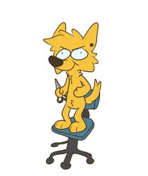  anthro black_nose blue_sclera canid canine canis chair dangerous domestic_dog ear_piercing fur furniture hi_res holding_object holding_scissors hryanart male mammal on_chair osha_violation piercing scissors simple_background smile solo standing_on_chair swivel_chair white_background winston_(hryanart) yellow_body yellow_fur 