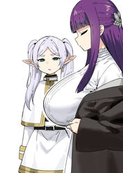  2girls alternate_breast_size blue_eyes breast_envy breasts capelet closed_eyes closed_mouth earrings elf fern_(sousou_no_frieren) frieren from_side girl_staring_at_guy&#039;s_chest_(meme) hair_ornament highres huge_breasts jewelry long_hair long_sleeves looking_at_another looking_at_breasts meme multiple_girls parted_lips pointy_ears purple_hair revision simple_background sky-freedom sousou_no_frieren three_quarter_view twintails white_background white_hair 