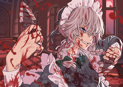  absurdres blood blood_on_clothes blood_on_face blood_on_hands blood_on_knife blood_on_weapon blood_splatter blue_eyes braid commentary_request dual_wielding evil_grin evil_smile female grey_hair grin hair_over_one_eye highres holding holding_knife izayoi_sakuya kawayabug knife maid maid_headdress one_eye_covered partial_commentary scarlet_devil_mansion smile solo touhou twin_braids weapon 