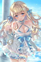  absurdres bad_id bad_twitter_id bare_shoulders blonde_hair blue_eyes blunt_bangs breasts cleavage clock closed_mouth female floating_hair hair_ribbon highres lips long_hair looking_at_viewer lumilive oborofu ribbon runa_kei smile solo upper_body virtual_youtuber 