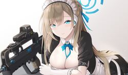  apron artist_name assault_rifle asuna_(blue_archive) black_dress blue_archive blue_bow blue_eyes bow breasts brown_hair bullpup closed_mouth commentary dress elbow_gloves eotech famas female frilled_apron frills gloves gradient_background grey_background gun hair_between_eyes halo highres keenh large_breasts long_hair maid maid_headdress mole mole_on_breast puffy_short_sleeves puffy_sleeves rifle short_sleeves signature smile solo very_long_hair waist_apron weapon white_apron white_background white_gloves 