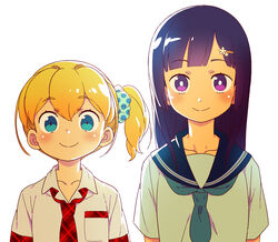  2girls absurdres alternate_hairstyle arianna_caledonia backlighting blonde_hair blue_eyes blush collared_shirt commentary_request contemporary frederica_irving hair_ornament hair_scrunchie hairclip highres hime_cut himukai_yuuji long_hair looking_at_viewer medium_hair multiple_girls neckerchief necktie official_art purple_eyes purple_hair sailor_collar scrunchie sekaiju_no_meikyuu shin_sekaiju_no_meikyuu shin_sekaiju_no_meikyuu_2 shirt side_ponytail simple_background smile upper_body white_background 