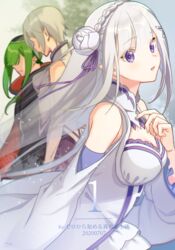  1boy 2girls bare_shoulders blunt_bangs braid countdown crown_braid detached_sleeves emilia_(re:zero) flower fortuna_(re:zero) frills green_hair hair_flower hair_ornament hair_ribbon highres kumuo_(mirakurufusao) long_hair multiple_girls parted_lips petelgeuse_romaneeconti purple_eyes purple_ribbon re:zero_kara_hajimeru_isekai_seikatsu ribbon rose short_hair solo_focus white_flower white_hair white_rose x_hair_ornament 