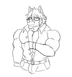  abs anthro barawerewolf belt bulge canid canine canis clothed clothing collared_shirt domestic_dog dress_pants dress_shirt eyewear facial_hair glasses goatee hi_res husky male mammal mitsuhisa_aotsuki morenatsu muscular_arms nordic_sled_dog open_clothing open_shirt open_topwear pecs shirt sideburns solo spitz topwear video_games visual_novel 