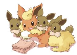  2011 bodily_fluids brown_body brown_eyes brown_fur drooling eevee eeveelution flareon food fur generation_1_pokemon group holding_food holding_object nintendo orange_body orange_fur paper_bag pokemon pokemon_(species) saliva size_difference steamed_bun wadorigi 