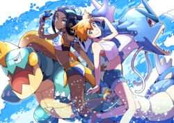  2girls absurdres armlet belly_chain bikini black_hair blue_eyes blue_hair blush breasts commentary_request crop_top dark-skinned_female dark_skin dive_ball drednaw earrings eyelashes gloves green_eyes gyarados hair_bun highres holding holding_poke_ball hoop_earrings jewelry kasumi_(pokemon) long_hair looking_at_viewer multicolored_hair multiple_girls necklace nessa_(pokemon) orange_hair partially_fingerless_gloves poke_ball pokemon pokemon_(creature) pokemon_lgpe pokemon_swsh pon_yui short_hair shorts side_ponytail single_glove single_hair_bun smile swimsuit tankini two-tone_hair v-shaped_eyebrows wristband 