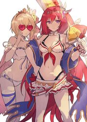  2girls adjusting_eyewear alexiel_(summer)_(granblue_fantasy) beach_umbrella belt bikini blonde_hair breasts choker closed_mouth europa_(granblue_fantasy) europa_(summer)_(granblue_fantasy) feet_out_of_frame godsworn_alexiel granblue_fantasy groin hand_on_another&#039;s_shoulder hand_on_own_hip headpiece heart heart-shaped_eyewear holding holding_umbrella kingyo_114 lace-trimmed_bikini lace_trim long_hair looking_at_viewer lowleg medium_breasts miniskirt multiple_girls navel o-ring o-ring_top official_alternate_costume parted_lips purple_eyes red-tinted_eyewear red_hair scrunchie shawl short_hair simple_background skirt standing sunglasses swimsuit tiara tinted_eyewear umbrella very_long_hair white_background white_skirt wrist_scrunchie 