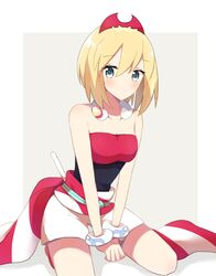  blonde_hair blush border bracelet closed_mouth collar commentary_request eyelashes female flute green_eyes grey_background hairband highres instrument irida_(pokemon) jewelry looking_at_viewer medium_hair ohn_pkmn own_hands_together pokemon pokemon_legends:_arceus red_hairband sash shirt shorts solo strapless strapless_shirt white_border white_shorts 