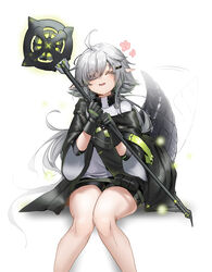  absurdres afterimage ahoge arknights black_gloves black_shorts closed_eyes commission cosplay crocodilian_tail d-pad d-pad_hair_ornament facing_viewer feet_out_of_frame female flower gavial_(arknights) gavial_(arknights)_(cosplay) gloves green_jacket grey_hair grey_shirt hair_ornament hairclip highres holding holding_staff jacket korean_commentary long_hair pointy_ears polyvora shirt shorts simple_background sitting smile solo staff tail tail_wagging thighs tomimi_(arknights) white_background 