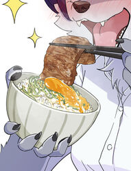  2023 5_fingers alternate_version_at_source anthro blush bowl breasts canid canine canis chopsticks claws clothed clothing container cropped digital_media_(artwork) eating egg_yolk fangs female female_anthro finger_claws fingers food happy hi_res holding_object japanese_food kemono konazarame mammal meat open_mouth pawpads rice solo steam teeth tongue wolf 