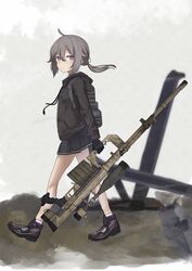  absurdres backpack bag bipod black_footwear black_skirt bolt_action boots cheytac_m200 collared_shirt female full_body girls&#039;_frontline gloves grey_hair gun highres jacket long_sleeves low_ponytail m200_(girls&#039;_frontline) miniskirt open_clothes open_jacket pleated_skirt purple_eyes rifle scope shirt skirt sniper_rifle socks solo suzubotan walking weapon 