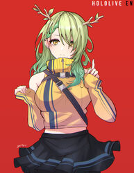  absurdres alternate_costume antlers armpit_crease bare_shoulders braid branch breasts ceres_fauna female green_hair highres hololive hololive_english horns large_breasts leaf looking_at_viewer midriff miniskirt mole red_background sk_jynx skirt solo standing virtual_youtuber wavy_hair yellow_eyes 