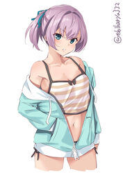  alternate_costume aqua_eyes aqua_hoodie bare_shoulders batsubyou blush breasts camisole cat_zipper commentary_request cowboy_shot cropped_legs duplicate ebifurya feline female hair_ornament highres hood hoodie kantai_collection light_blush long_sleeves looking_at_viewer navel open_mouth petite pink_hair pixel-perfect_duplicate ponytail shiranui_(kancolle) short_hair short_shorts shorts simple_background sleeveless small_breasts solo stomach twitter_username white_background 