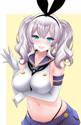  black_panties blue_eyes blue_skirt breasts cosplay crop_top elbow_gloves female gloves grey_hair hairband highleg highleg_panties highres kantai_collection kashima_(kancolle) kirigakure_(kirigakure_tantei_jimusho) large_breasts microskirt navel panties sailor_collar shimakaze_(kancolle) shimakaze_(kancolle)_(cosplay) sidelocks skirt solo thong twintails underwear wavy_hair white_gloves 