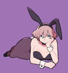  animal_ears bare_shoulders black_footwear black_leotard blue_eyes bow bowtie breasts choko_egg cleavage fake_animal_ears fake_tail female full_body gridman_universe hand_on_own_chin head_rest highres leotard looking_at_viewer lying mujina on_stomach pantyhose playboy_bunny purple_background rabbit_ears rabbit_tail short_hair simple_background ssss.dynazenon strapless strapless_leotard tail wrist_cuffs 