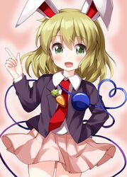  animal_ears black_jacket black_sleeves blonde_hair blush breasts carrot collared_shirt commentary_request cosplay female green_eyes hair_between_eyes hand_on_own_hip hand_up highres jacket komeiji_koishi long_sleeves looking_at_viewer medium_breasts necktie one-hour_drawing_challenge open_clothes open_jacket open_mouth pink_background pink_skirt pointing rabbit_ears red_necktie reisen_udongein_inaba reisen_udongein_inaba_(cosplay) ruu_(tksymkw) shirt short_hair simple_background skirt smile solo standing third_eye touhou white_shirt 