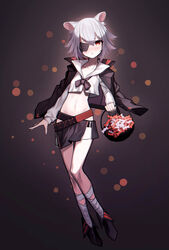  :o absurdres animal_ears arknights basket beudelb black_footwear black_jacket black_skirt blush brown_eyes click_(arknights) click_(grave_thief)_(arknights) crop_top eyepatch female full_body grey_hair highres holding holding_basket jacket jacket_on_shoulders korean_commentary leg_wrap looking_at_viewer midriff miniskirt mouse_ears navel official_alternate_costume shirt short_hair skirt solo standing white_shirt 