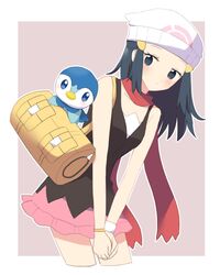  bag beanie black_hair black_shirt blush bracelet closed_mouth commentary_request dawn_(pokemon) duffel_bag female grey_eyes hair_ornament hairclip hat highres jewelry leaning_forward long_hair ohn_pkmn own_hands_together pink_skirt piplup poke_ball_print pokemon pokemon_(creature) pokemon_dppt red_scarf scarf shirt skirt sleeveless sleeveless_shirt white_headwear yellow_bag 