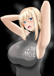  aizawa_u-ji armpits arms_behind_head arms_up black_background black_shirt blonde_hair blue_eyes blush breasts character_name commentary_request female girls&#039;_frontline highres huge_breasts looking_at_viewer mg3_(girls&#039;_frontline) mg3_(mod3)_(girls&#039;_frontline) open_mouth shirt sideboob sidelocks sleeveless sleeveless_shirt solo sweatdrop upper_body 