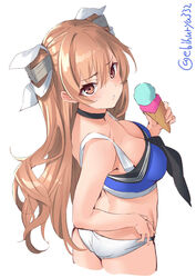  bikini blue_bikini blush breasts brown_eyes cleavage commentary_request cropped_legs duplicate ebifurya female food hair_between_eyes highres holding holding_food ice_cream johnston_(kancolle) johnston_kai_(swimsuit_mode)_(kancolle) kantai_collection light_brown_hair long_hair looking_at_viewer looking_back medium_breasts parted_lips pixel-perfect_duplicate simple_background solo swimsuit twitter_username two_side_up white_background 