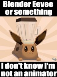  2023 :3 absurd_res after_transformation ambiguous_gender animate_inanimate appliance blender_(copyright) blender_(machine) blender_eevee_(copyright) container eevee english_text generation_1_pokemon glass glass_container hi_res humor impact_(font) implied_transformation kitchen_appliance kyuq meme nintendo pokemon pokemon_(species) pun solo text visual_pun 