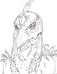  2018 anthro armor avian bandai_namco beak bird bust_portrait digimon digimon_(species) feathers female garudamon hair half-closed_eyes headgear helmet hi_res jimfoxx looking_at_viewer narrowed_eyes open_mouth portrait signature solo 