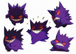  bluekomadori commentary english_commentary frown gengar hand_on_own_chin looking_at_viewer multiple_views no_humans own_hands_together pokemon pokemon_(creature) sitting smile stroking_own_chin teeth thinking 