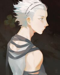  1boy adam&#039;s_apple black_background clover driftwoodwolf grey_eyes kyokugen_dasshutsu kyokugen_dasshutsu:_9_jikan_9_nin_9_no_tobira male_focus profile santa_(kyokugen_dasshutsu) short_hair sleeveless upper_body white_hair 