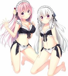  2girls :o bare_arms bare_legs bare_shoulders barefoot bikini black_bikini blush bow bow_bikini breasts cleavage closed_mouth collarbone frilled_bikini frills full_body hair_between_eyes hands_up kneeling long_hair looking_at_viewer maid maid_bikini maid_headdress medium_breasts multiple_girls navel one_side_up original parted_lips pink_hair red_eyes simple_background small_breasts smile swimsuit unconventional_maid usume_shirou very_long_hair white_background white_bikini white_hair 