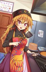  adapted_costume apron black_shirt blonde_hair child&#039;s_drawing clownpiece commentary contemporary cooking door drawing english_commentary english_text female food frying_pan hair_between_eyes head_scarf hecatia_lapislazuli highres junko_(touhou) kitchen kitchen_hood long_hair long_sleeves looking_at_viewer open_mouth pancake pancake_stack plate red_eyes refrigerator shirt skirt smile solo spatula stove tape touhou turtleneck very_long_hair wool_(miwol) 