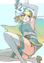  armpits arms_up bell blonde_hair blue_eyes breasts cape deekei elbow_gloves female fire_emblem fire_emblem_heroes fjorm_(fire_emblem) fjorm_(ninja)_(fire_emblem) from_below gloves gold_trim highres kunai mask mask_on_head medium_breasts ninja official_alternate_costume open_mouth panties short_hair solo thighhighs thighs underwear watermark weapon white_gloves 