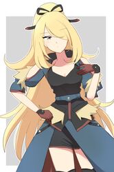  belt black_ribbon black_shirt black_shorts blonde_hair border breasts brown_gloves cleavage closed_mouth commentary_request cynthia_(pokemon) cynthia_(sygna_suit)_(aura)_(pokemon) eyelashes female gloves grey_background grey_eyes hair_over_one_eye hair_ribbon hand_on_own_hip hand_up highres jacket long_hair official_alternate_costume ohn_pkmn open_clothes open_jacket pokemon pokemon_masters_ex ribbon shirt shorts skirt solo white_border 