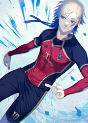  1boy blonde_hair blue_eyes blue_flower blue_hair blue_lock blue_rose commentary flower highres long_hair male_focus michael_kaiser multicolored_hair rose shioritanote soccer_uniform sportswear tattoo two-tone_hair 