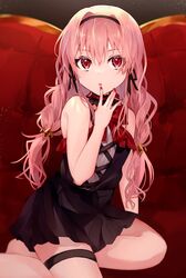  anekokko_(pixiv55738971) black_dress black_hairband black_ribbon bow braid couch dress female hair_ribbon hairband highres nail_polish original pink_hair red_bow red_eyes red_nails ribbon solo thigh_strap twin_braids 