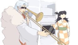  1boy black_hair commentary crescent facial_mark female forehead_mark instrument inuyasha japanese_clothes kimono kuroita_yobuko long_hair meme oven parody pointy_ears rin_(inuyasha) sesshoumaru sunglasses trombone when_mama_isn&#039;t_home_(meme) yellow_kimono 