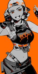  absurdres animification backwards_hat baseball_cap breasts clothes_writing crop_top dark-skinned_female dark_skin female fingerless_gloves gloves hat headphones highres looking_at_viewer medium_breasts midriff monochrome navel open_hand open_mouth orange_eyes pants raze_(valorant) shirasu_uni short_hair smile solo v-shaped_eyebrows valorant 