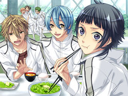  6+boys :d black_hair blonde_hair blue_eyes blush bowl chopsticks eating food game_cg hair_between_eyes inukai_takafumi kanakubo_homare kazuaki kinose_azusa koguma_shin&#039;ya looking_at_viewer miyaji_ryunosuke multiple_boys open_mouth photoshop_(medium) shiratori_yahiko smile starry_sky_(game) sweatdrop wide-eyed 