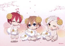  3boys artist_request blue_eyes brown_hair chibi closed_eyes grey_hair horns multiple_boys nanami_kanata ram_(animal) red_hair starry_sky_(game) tears tomoe_you touzuki_suzuya yellow_eyes 