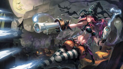  bat_(animal) belt boots breasts candle chinese_commentary commentary_request female ghost gun halloween hat high_heels highres jack-o&#039;-lantern large_breasts league_of_legends lips long_hair midriff miss_fortune_(league_of_legends) moon navel pantyhose ship solo striped_clothes striped_pantyhose tombstone tree watercraft weapon weien witch_hat 