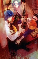  3boys artist_request ashtray biting blonde_hair blue_hair bottle chopsticks curtains glasses haruki_naoshi hoshizuki_kotarou mizushima_iku multiple_boys open_mouth plate purple_hair shirt sleeping smile starry_sky_(game) 