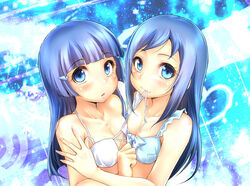  2girls aoki_reika bare_shoulders bikini blue blue_background blue_bikini blue_eyes blue_hair blush breast_press cleavage collarbone docking dokidoki!_precure hishikawa_rikka long_hair looking_at_viewer multiple_girls precure small_breasts smile smile_precure swimsuit symmetrical white_bikini 