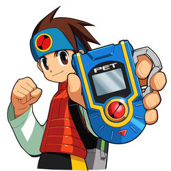  1boy artist_request brown_eyes brown_hair fingernails headband highres holding lan_hikari_(mega_man) long_sleeves male_focus mega_man_(series) mega_man_battle_network_(series) official_art personal_terminal photoshop_(medium) solo vest white_background 