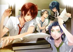  4boys amaha_tsubasa artist_request blue_eyes book brown_eyes brown_hair glasses green_hair headphones mizushima_iku multiple_boys necktie pen purple_hair school_uniform shiranui_kazuki shirt smile starry_sky_(game) telescope tomoe_you 