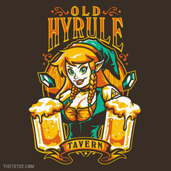  alcohol beer beer_mug braid breasts choker cleavage commentary_request cup female freckles green_eyes hat long_hair mug orange_hair pointy_ears rupee_(zelda) side_braid simple_background solo the_legend_of_zelda triforce waitress watermark web_address winterartwork 