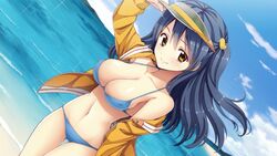  16:9 beach bikini black_hair blue_bikini boku_ga_tenshi_ni_natta_wake breasts female fujimaru_(bluebrand) game_cg hair_ornament jacket large_breasts long_hair looking_at_viewer ocean solo swimsuit visor wakamatsu_minamo water yellow_eyes 