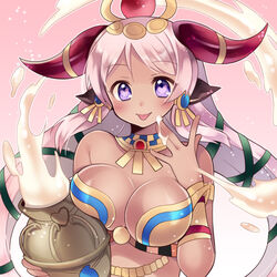  animal_ears armlet blush breast_press breasts cleavage commentary_request cow_ears dark-skinned_female dark_skin egyptian female gradient_background hair_ornament hathor_(p&amp;d) heart heart-shaped_pupils holding horns jar jewelry kaki_s large_breasts light_particles long_hair looking_at_viewer necklace outline photoshop_(medium) pink_hair purple_eyes puzzle_&amp;_dragons smile solo symbol-shaped_pupils tongue tongue_out very_long_hair 